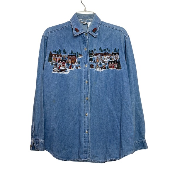 Bobbie Brooks Tops - Bobbie Brooks Denim Shirt Women Small Blue Embroidered Christmas Winter Village